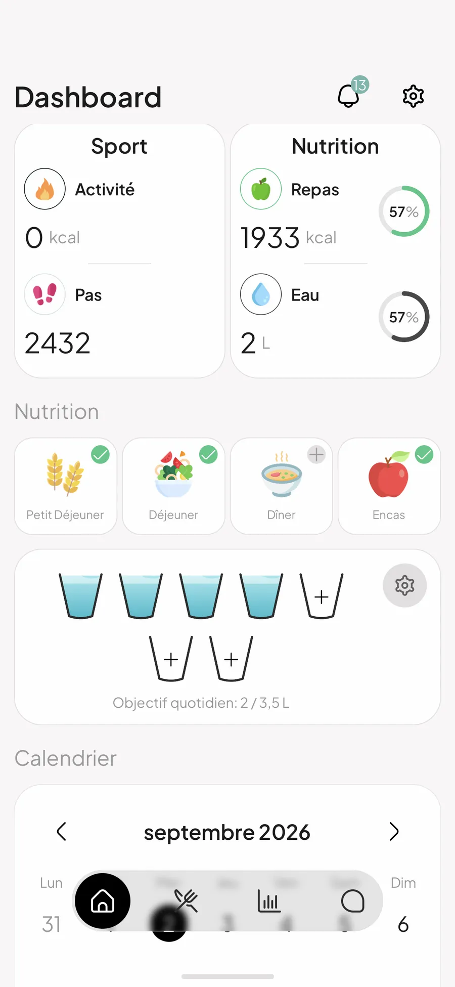 Tableau de bord de l'application : activité, repas et hydratation du jour