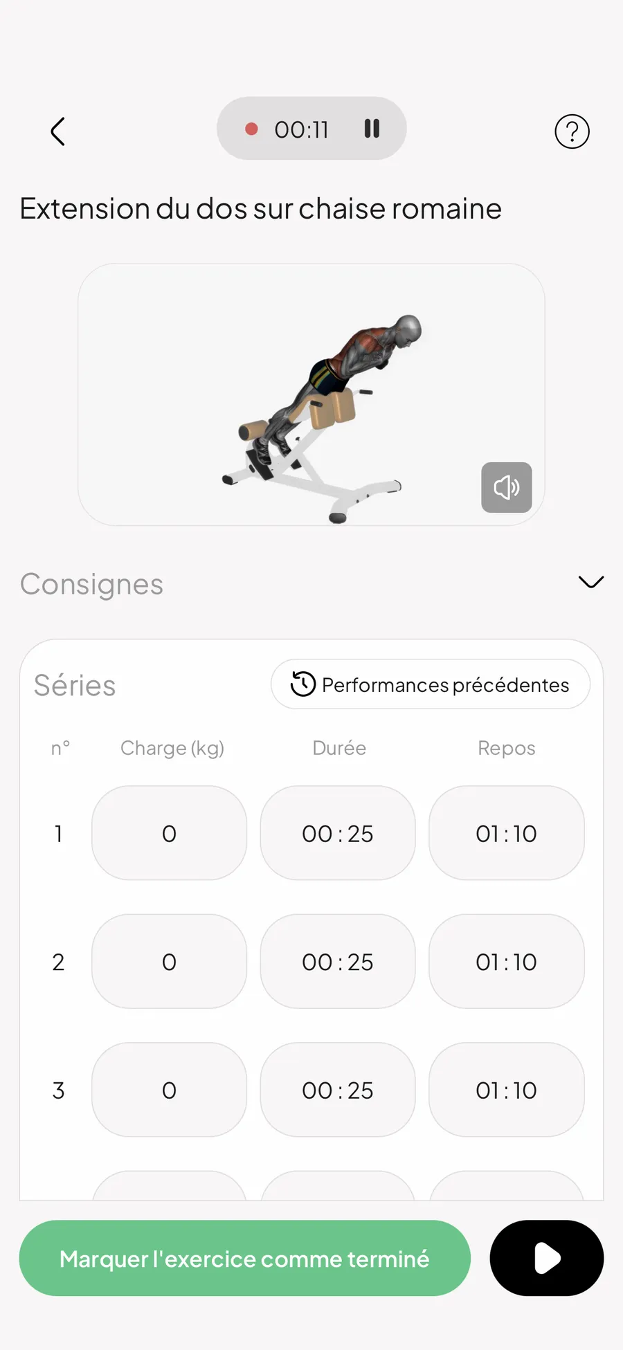 Séance guidée dans l'application : exercice, séries, durée et temps de repos